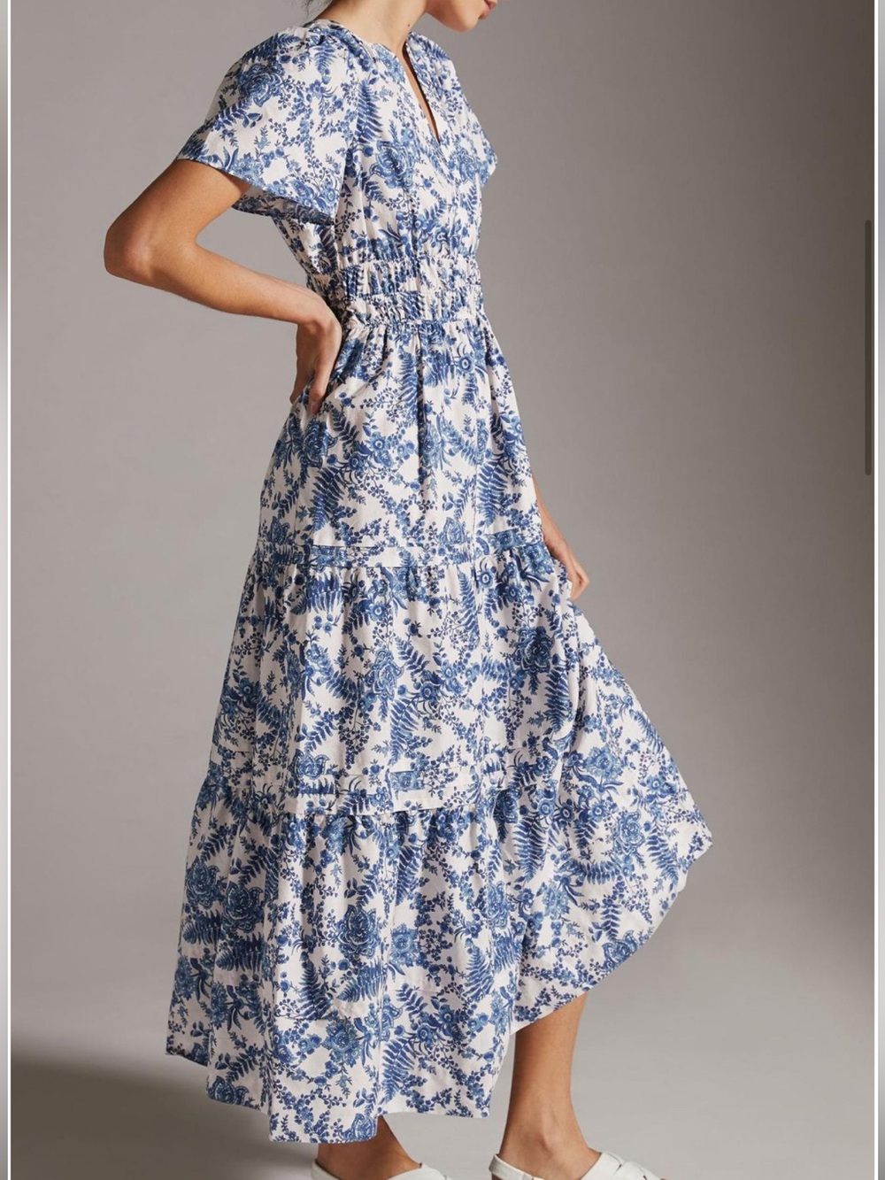 Somerset Maxi Dress Anthropologie Smocked Tiered Pockets Blue White Toile Fern L
